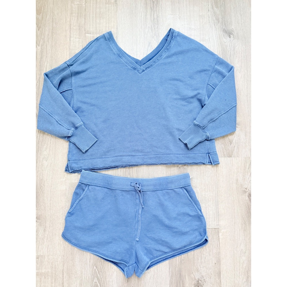 American Eagle Seriously Lived-In Blue Lounge Set Sweatshirt L Shorts XL 2 Piece